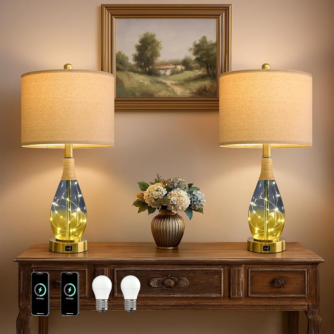 23" Table Lamps for Living Room Set of 2,Bedside Lamps for Night Stands, Rattan Lamps for Bedroom,Farmhouse Lamps with Glass Nightlight,Two Light Points