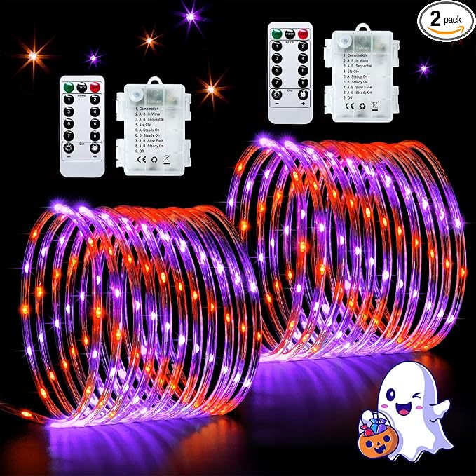 JMEXSUSS 2 Pack Orange and Purple Battery Operated Halloween String Lights | Total 200LED 8 Modes Remote Control Battery Powered Rope Lights Outdoor Waterproof for Halloween Decor