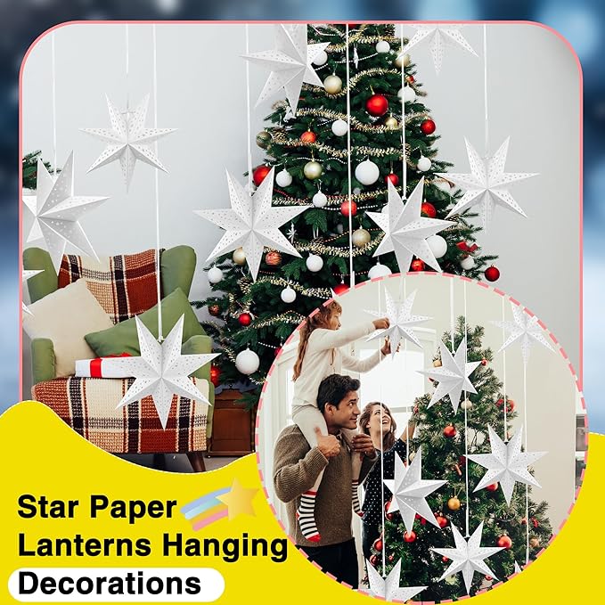8 Pack 18 Inch/ 12 Inch/ 10 Inch 3D Paper Stars 7 Pointed Hanging Star Lanterns Lampshade Hollow Paper Star Lantern for Christmas Wedding Home Birthday Party Decorations, 3 Size