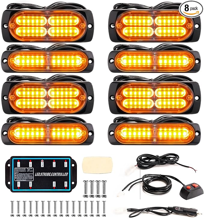 BooYu 8-pcs Amber Surface Mount LED Emergency Strobe Lights for Trucks, Vehicles, Sync Feature Ultra Slim Grille Flashing Warning Hazard Light Bar w/Controller for Construction, Firefighter