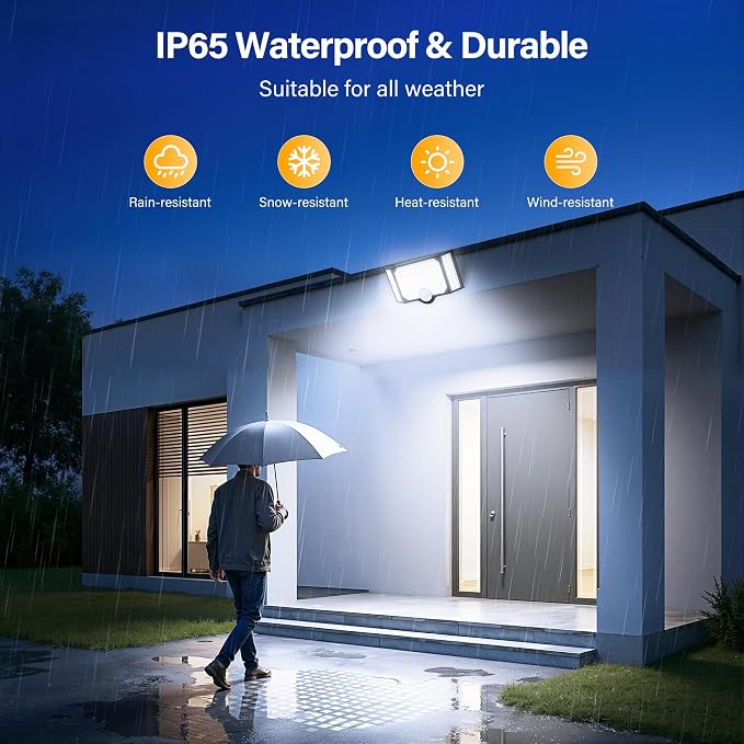 Solar Flood Lights Outdoor with Motion Sensor 3 Modes, 1 Pack | 182 Leds Solar Motion Lights, 3 Head 270° Wide Angle, IP65 Waterproof Security Lights with 16.4FT Cable for Patio Yard Garage