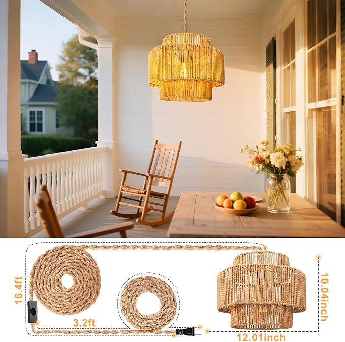 Hanging Light Ceiling Lamp Pendant Lights Rattan Hanging Lamp with Plug in Cord for Living Room Bedroom Kitchen Indoor Hanging Lamp Plug in Woven Lampshade