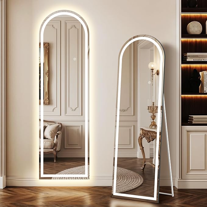 LED Arched Full Length Mirror, 56"x16" Full Body Mirror with Lights, Dimmable & 3 Color Lighting, Standing/Leaning/Wall Mounted Vanity Mirror for Bedroom, Dressing Room, Living Room
