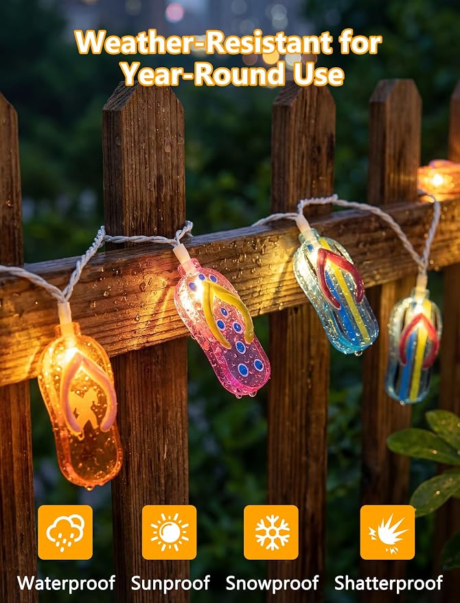 10 LED Tropical Beach Flip Flop Lights, 8.5Ft Slipper Camping String Lights | Plug in, Connectable, 10 Multicolor Hanging Fairy Lights, Summer Hawaiian Decoration for Outside Party Garden Home Decor