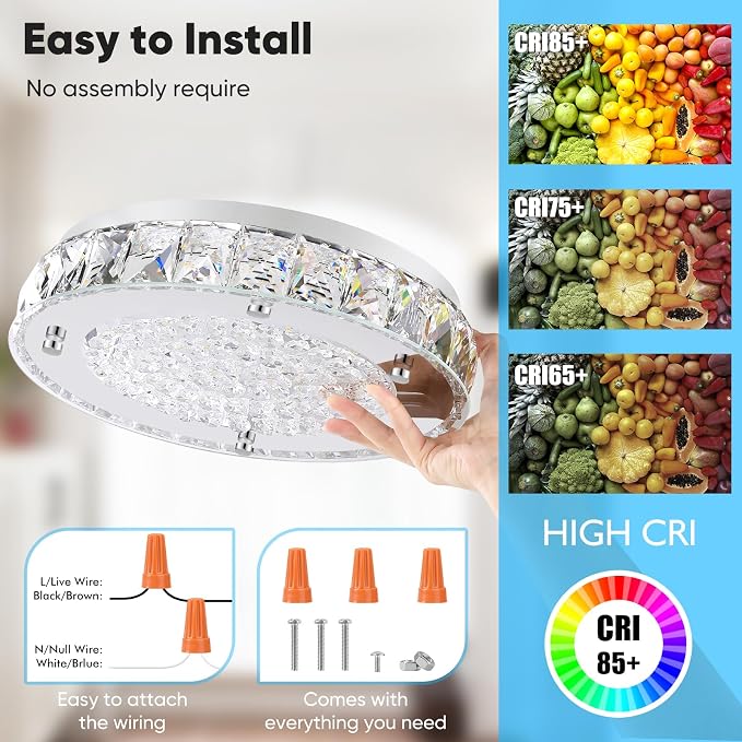Crystal Flush Mount Chandeliers, LED Ceiling Light Fixture 13-Inch, 5000K Daylight White Super Bright 3300LM Dimmable Farmhouse Kitchen Light Modern Ceiling Lamp for Bedroom Bathroom Nursery