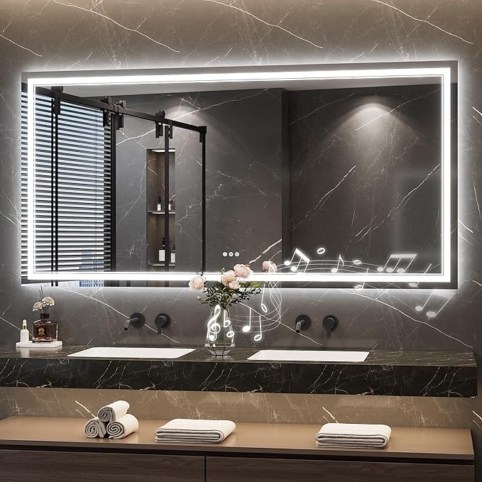 Keonjinn 72" x 36" Lighted Mirrors for Bathroom Wall with Bluetooth Speaker, Frontlit & Backlit Large LED Bathroom Mirror, Bluetooth Mirror Bathrooms, Tempered Glass, Dimmable3 Color Lights, UL-Listed