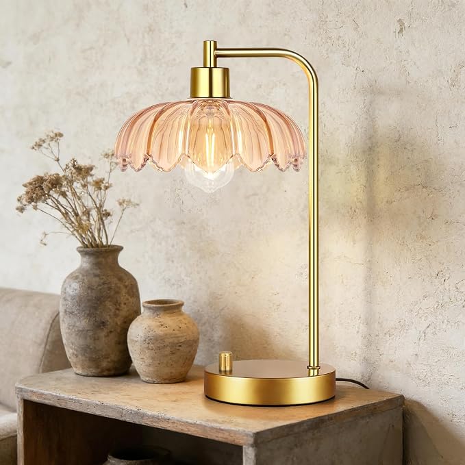 ILLMTW Glass Table Lamp Set of 2,Small Gold Bedside Lamps Dimmable Boho Bedroom Lamp with Tulip Flower Amber Lamp Shade,Vintage Mid Century Modern Mini Nightstand Lamp for Bedroom Living Room