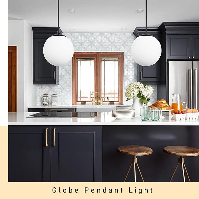 14" Globe Pendant Light 3-Light Black Milk Glass Pendant Light Mid Century Modern Light Fixture Globe Pendant Lights Kitchen Island Matte Black Finished with Milk Glass Lampshade for Bedroom