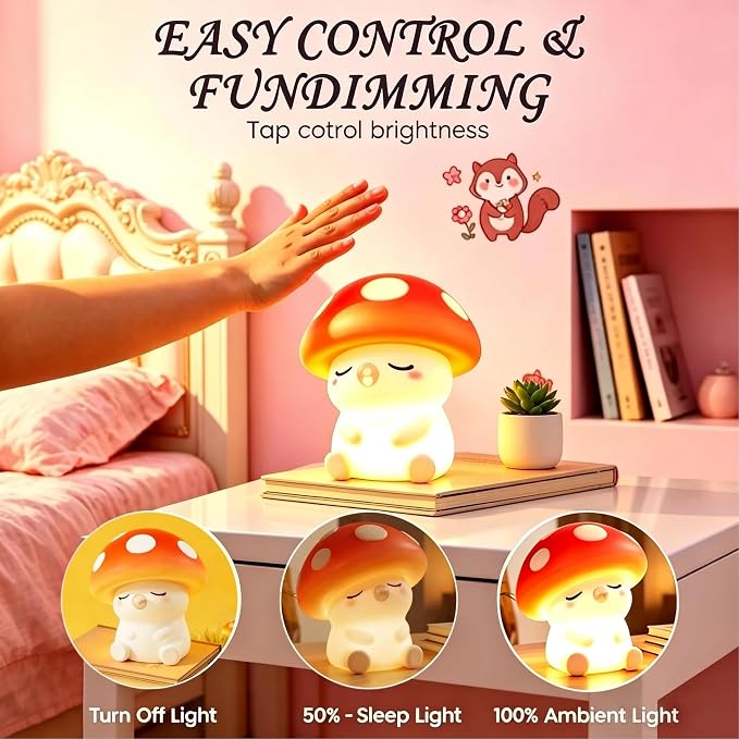 YR YRHH-PET Cute Bubble Mushroom Night Light, Squishy Lamp Mushroom Gifts | Orange Safe Silicone Lamp, Kids Baby Touch Nightlight For Nursery, Dimmable Rechargeable Decor, College White Elephant Gifts