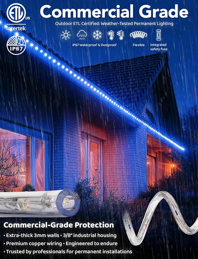 WYZworks 576LEDs, 50ft LED Outside Rope Lights, Waterproof Permanent Outdoor ETL Certified Connectable Clear Tube, Christmas Palm Tree Holiday Decorative Landscape Patio Accent Lighting - Blue