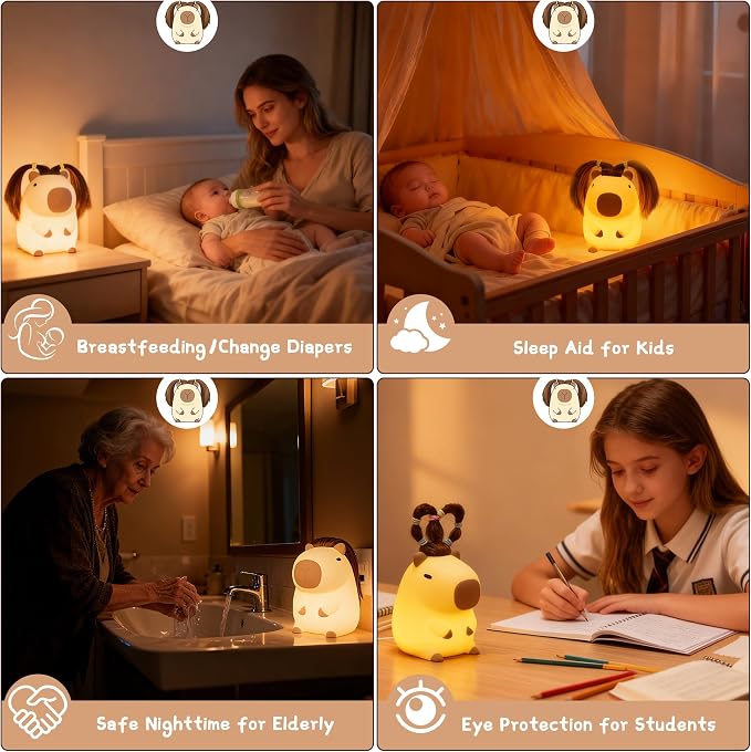 FAMIDUO Cute Capybara Night Light, DIY Hairstyle & Squishy Silicone Lamp | Rechargeable Tap-Control Bedside Lamp,Soft Squishy Silicone Nursery Light for Boys & Girls,Cute Room Decor,Funny Xmas Gift