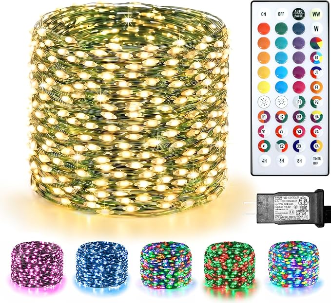 200 LED Fairy Lights Color Changing, 66 FT 35 Colors Christmas Lights with Remote Green Wire, Waterproof Twinkle String Lights for Bedroom Halloween Xmas Tree Holiday Wedding Party Indoor Outdoor
