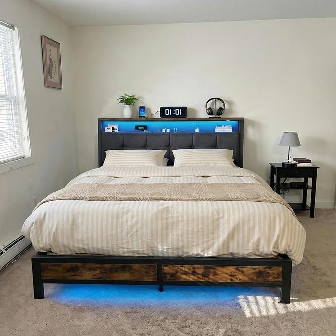 Homkdom King Bed Frame with Storage Headboard & Charging Station | Upholstered Linen, 2-Tier Shelf, 2 AC Outlets, Type-C,RGB LED Remote, 12in Underbed Clearance, 1100 lbs, No Box Spring, Brown