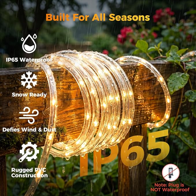 Connectable 100ft 600LED Rope Lights Plug in for Outdoor Indoor | End to End Tube Lights IP65 Waterproof with 8 Modes Remote Timer for Patio Backyards Garden Porch Pool Tree Decor, Warm White