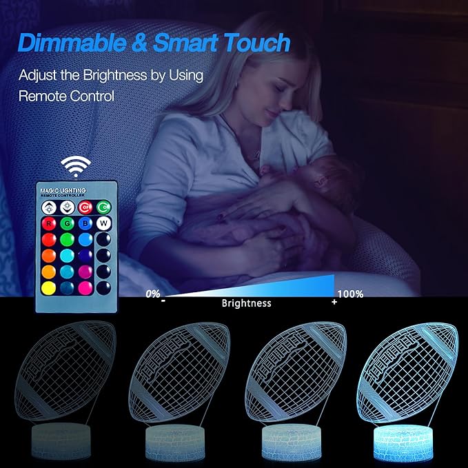 Football Night Light, Rugby Gifts for Boys Girls or Decor, Rugby 3D Illusion Lamp with 16 Colors Change Remote Control, Decorative Desk Lamp Christmas Creative Birthday Gift Ideal for Sport Fans