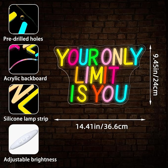 Your Only Limit Is You Neon Sign for Wall Decor | Dimmable motivational neon light, home office bedroom decor, gift for teens entrepreneurs, size 14.4*9.4 in