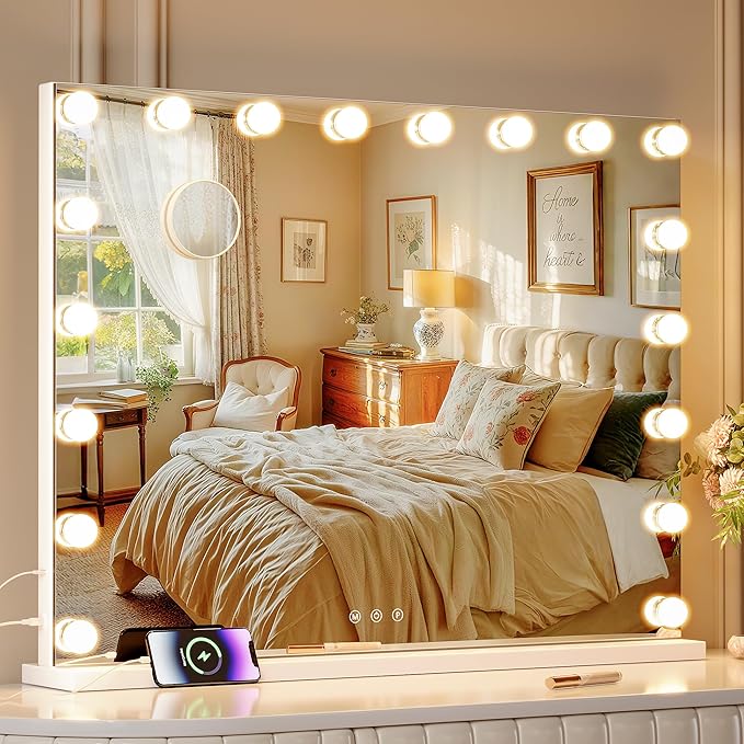 ZL ZELing Vanity Mirror Makeup Mirror with Lights,31.49" x 23.62"Large Tabletop Light up Mirror with 18Bulbs,10X Magnification,USB Charging Port,3 Color Touch Control Dimmable Lights.