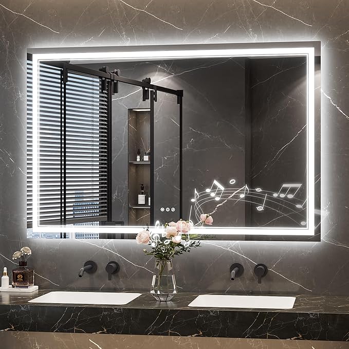 Keonjinn 55 x 36 Inch Lighted Mirrors for Bathroom Wall with Bluetooth Speaker, Frontlit & Backlit LED Bathroom Mirror, Bluetooth Mirror Bathrooms, Tempered Glass, Defogger, 3 Color Lights, Dimmable