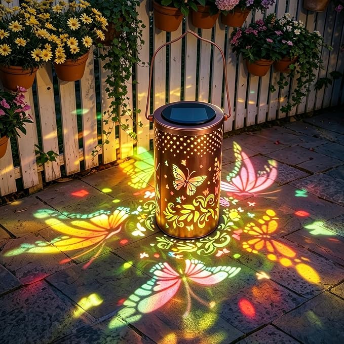 Colorful Solar Lanterns Outdoor Waterproof, Garden Decor LED Butterfly Solar Lights Gifts for Women Mom Sister Grandma, Metal Hanging Lantern for Outside Table Tree Garden Patio Yard Lawn Porch Decor