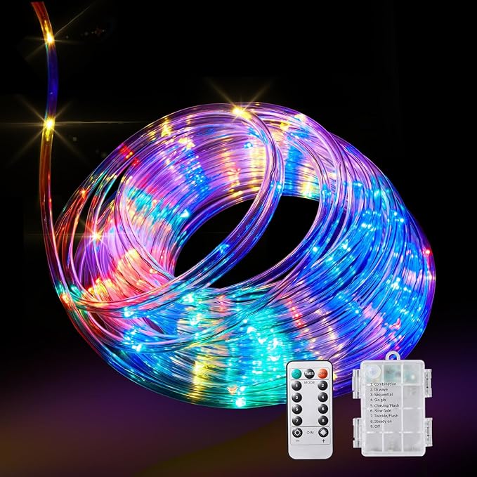 LED Rope Lights Battery Operated String Lights 120 LEDs 8 Modes | IP65 Waterproof 40ft Battery Powered Rope Lights With Dimmable Remote for Party Garden Holiday Decoration(Multicolor)