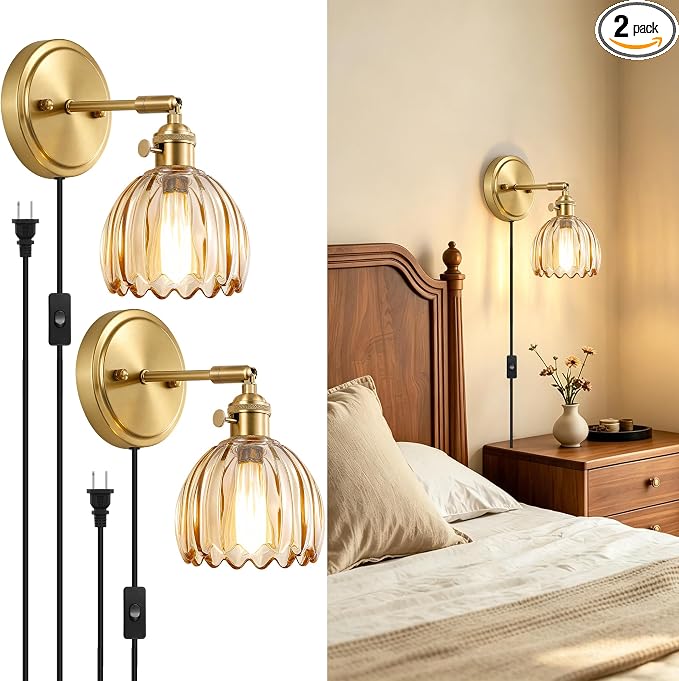 Plug in Wall Sconces Set of Two, Vintage Wall Lights with 5.58FT Plug in Cord, Adjustable Angle Bedside Wall Lamps with Amber Tulip Glass Shade, Gold Wall Light for Bedroom Living Room Hallway