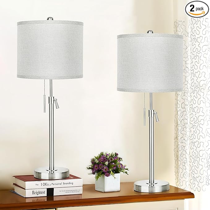 Table Lamps for Bedrooms Set of 2, 22" to 30" Height Adjustable Nightstand Lamps with Linen Shade, Pull Chain Switch Lamps for Living Room, 3 Way Dimmable Bedside Lamp