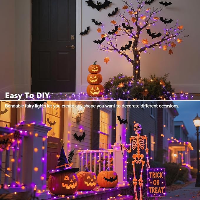 LitHome 4 Pack Halloween Fairy Lights Battery Operated Each 20FT 60 LED | Purple and Orange Twinkle Lights with 2 Modes Indoor, Waterproof Led Fairy String Lights for Party Wreath Garland DIY Decor