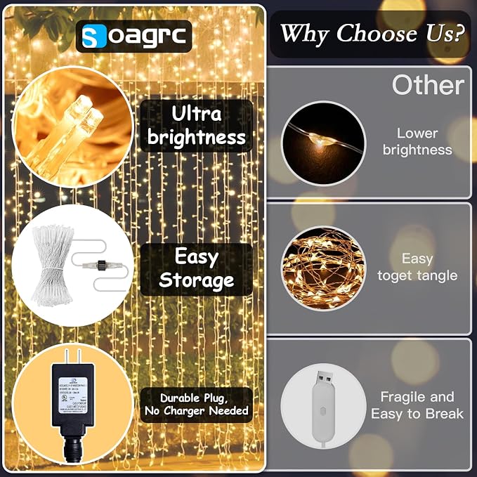 200 LED Warm White Curtain String Lights 9.8x6.6FT, Plug in Fairy Lights with 9 Hooks, Dimmable, Timer & 8 Modes, IP44 Waterproof, Bedroom Wall Wedding Party Christmas Indoor Outdoor Decor