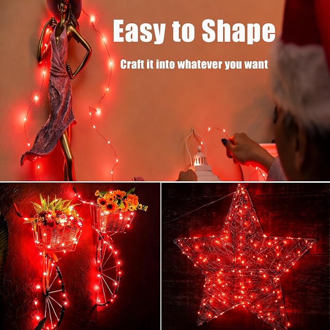 2 Pack Fairy Lights Battery Operated - 16.4ft 50 LED Red | Starry Fairy Lights , 8 Modes Waterproof with Timer for Indoor Outdoor Bedroom Party Holiday Christmas Decor, Copper Wire