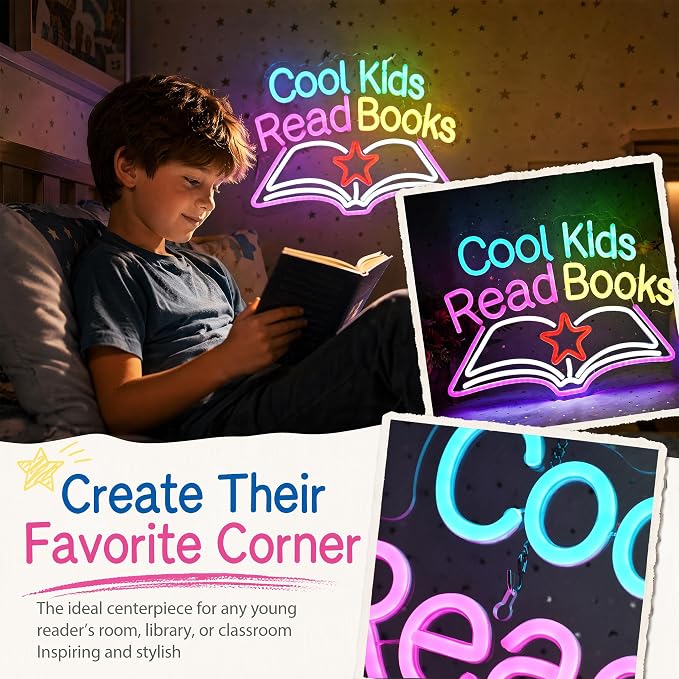 Cool Kids Read Books Neon Sign - Classroom Reading Corner Decor | 15.7"x11.8" Book-Shaped Light with Dimmer, 6.5ft USB Powered, Hanging Chain Included, Night Reading Lamp