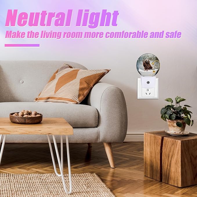 Brown Bear Bathing Night Light LED Lamp Round Plug into Wall Nightlight with Dusk to Dawn Sensor Home Hallway Stairway Kitchen Decor