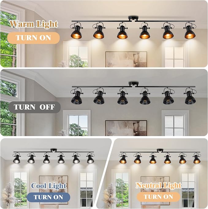6-Light Track Lighting for Kitchen, Track Lights Ceiling Mount 57.5" Vintage Industrial Track Light 6 Rotatable Heads Adjustable Kitchen Track Lighting Fixtures Ceiling for Bedroom Office Bar