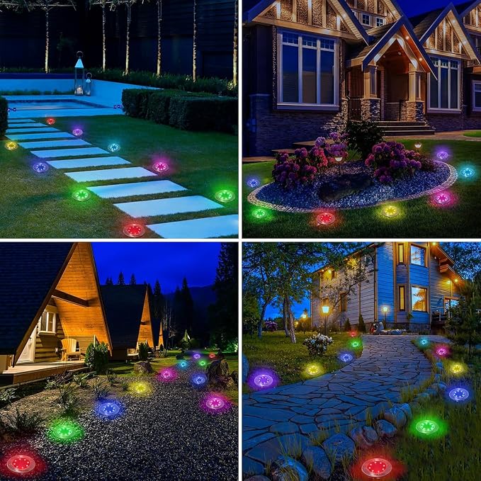LYHOPE Solar Ground Light Outdoor, 8 Pack 8 LED Color Changing Solar Disk Lights Waterproof Garden In-ground Pathway Lights Landscape Lighting for Lawn,Yard,Deck,Patio,Walkway (RGB)