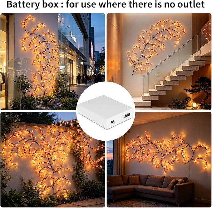 FNHMSL 4FT 48LED Cherry Enchanted Willow Vine Lights for Christmas Bedroom | Pink Cherry Blossom Tree Branch Lights for Wall, Remote Timer,8 Light Model,Bedroom Wall Doors Wedding with USB Battery Box
