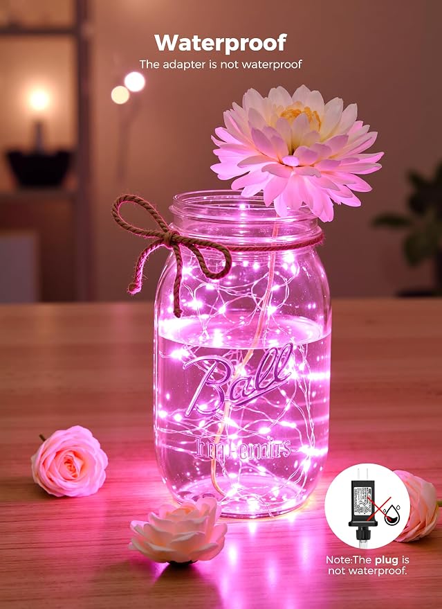 Pink Fairy Lights Plug in, 33Ft 100 LEDs Waterproof Silver Wire Firefly Valentine's Lights, Adaptor Included, Starry String Lights for Wedding Indoor Outdoor Patio Garden Valentine's Day Decoration