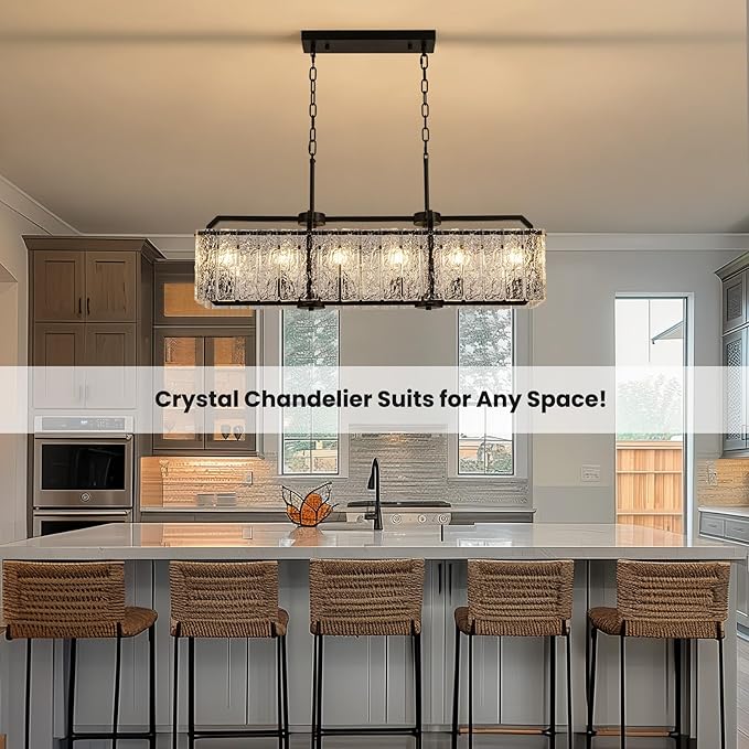 CROSSIO Modern Rectangle Black Crystal Chandeliers for Dining Room, L40 Rectangular Water Ripple Glass Pendant Light Fixture, Linear Farmhouse Lighting for Kitchen Island, Living Room, 6 Lights