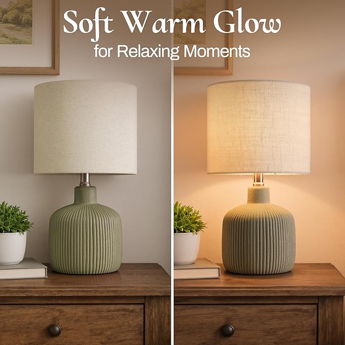 Ceramic Table Lamp, Oliver Green, 17.75" | Beige Linen Shade, Warm Ambient Lighting, Bedside Nightstand, Natural