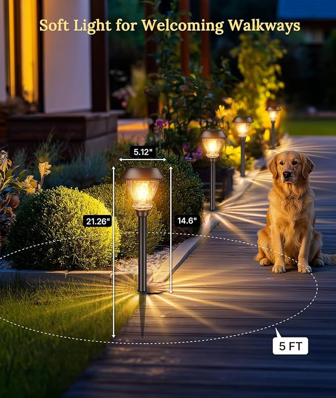 XMCOSY+ Solar Pathway Lights Outdoor, 6 Pack Warm White Landscape Lighting | Crackled Glass Solar Garden Lights, IP65 Waterproof, Soft 2700K LED, Auto On/Off Landscape Lights for Path, Yard, Walkway