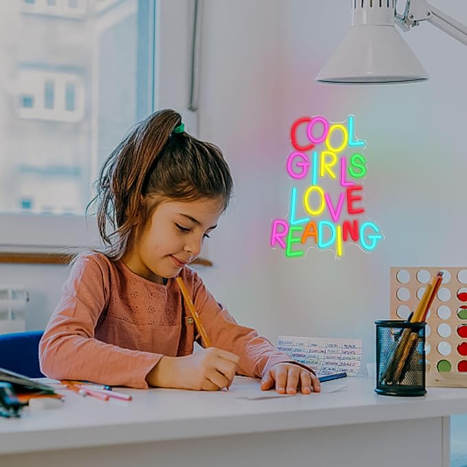 Cool Girls Love Reading Neon Sign USB Powered Reading Book Neon Light for Wall Decor Colorful Letter Light Up Sign for Classroom Reading Room Bookstore Kids Room Library (16.54 * 12.6)