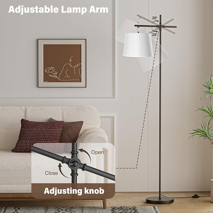 Floor Lamp with Linen Shade, Dimmable Tall Standing Lamp with Remote Control & 3 Color Temperatures Bulb, Modern Swing Arm Floor Lamps for Living Room Bedroom Office Corner