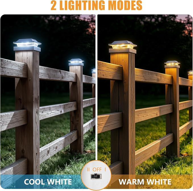 Brightown Solar Post Cap Lights, 2 Modes(Warm/Cool Light) Outdoor Waterproof Fence Post Solar Lights, Solar Powered Garden, Patio, Deck Decor for 4x4 Wood & Vinyl Posts, White 4 Pack