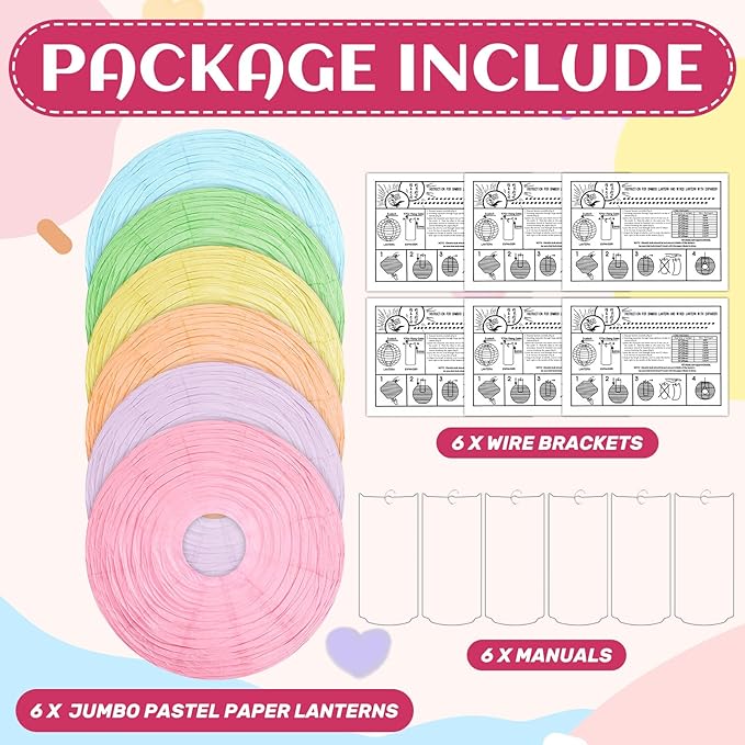 Woanger 6 Pack 24 Inch Large Pastel Paper Lanterns Giant Chinese Hanging Paper Lanterns for House Lamps, Wedding, Birthday Party & Event Decorations
