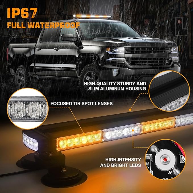 XRIDONSEN 37" 104 LED Roof Top Strobe Light Bar Amber White Emergency Traffic Advisor Lights Double Side Warning Safety Flashing w/Magnetic Mount for Construction Vehicles Plow Trucks Pickup Wrecker