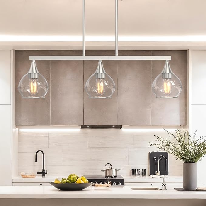 Kitchen Island Linear Pendant Light, 3-Light Brushed Nickeld Dining Room Chandelier with Clear Glass Globe Shades, Modern Linear Lighting Fixture Over Table