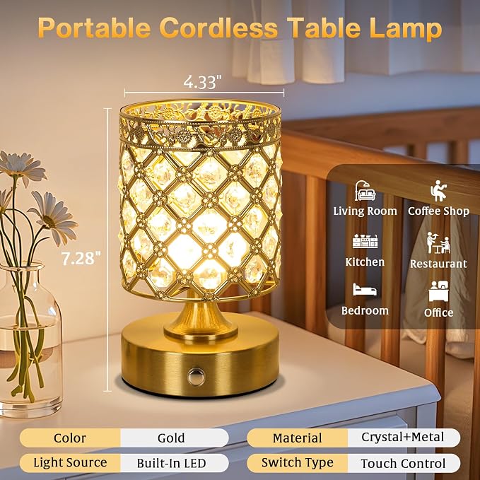 Gold Crystal Rechargeable Cordless Table Lamp, Touch Small Desk Lamp | 6000mAh Battery, 3 Color Temps, Stepless Dimming, USB Charging, Portable Wireless Night Light for Bar Bedroom Living Room