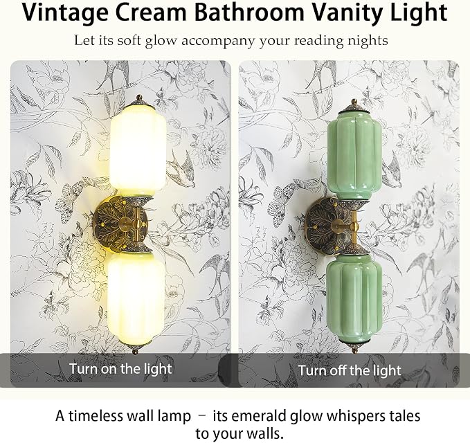 Vintage Milk Glass Bathroom Vanity Light - 2-Light Wall Sconce with Brass Finish Base & Green Glass Shade - Wall Sconce Lighting for Mirror, Kitchen, Living Room, Gallery (Bulbs Included) (Green)