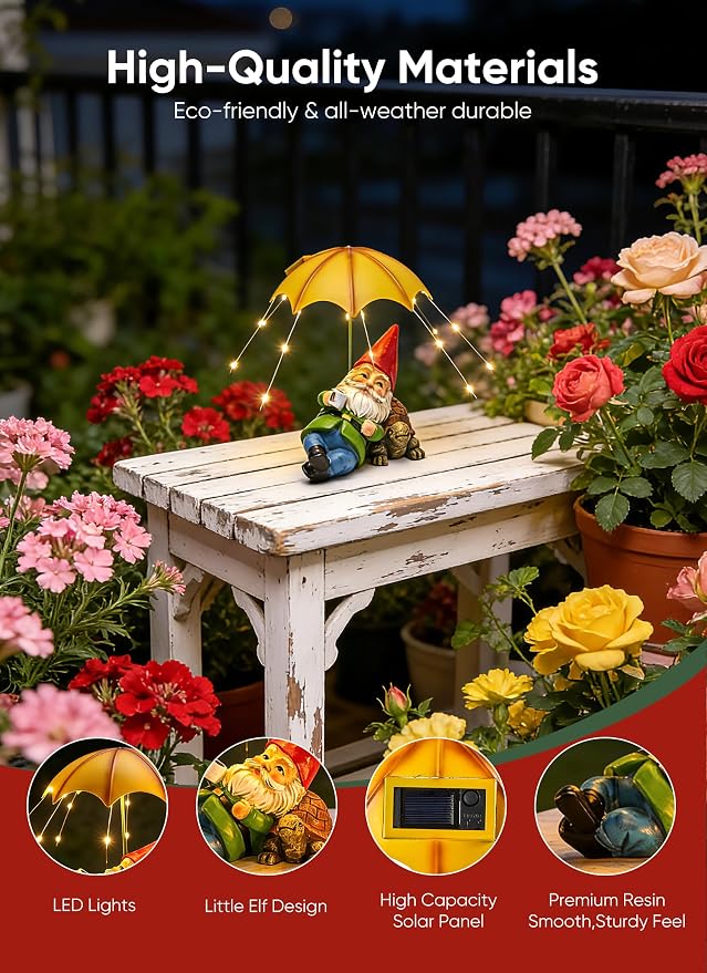 Brightown Solar Garden Decor Gnome Statue Light with 32 LED Lights, Gnome with Umbrella, Hand-Painted Resin, IP65 Waterproof Outdoor Decor for Patio, Balcony & Yard Decorations, Unique for Mom