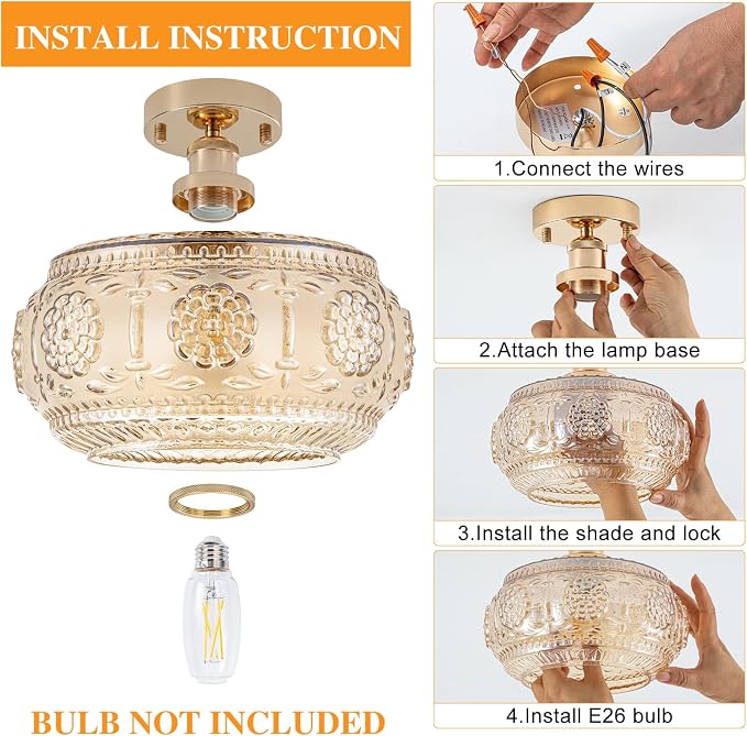 Semi Flush Mount Ceiling Light - French Gold Finish & Amber Floral Glass Shade, Vintage Modern Lighting for Bathroom, Kitchen, Bedroom (Bulb Not Included)