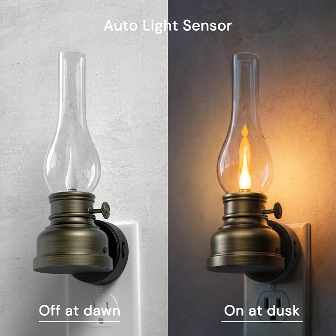L LOHAS LED Flameless Candles Night Light, Rechargeable Plug in Night Light | 2 Pack Kerosene Lamp Night Lights Plug into Wall, Dimmable Flickering Flame Vintage Oil Lamp, Dusk to Dawn sensor Nightlight