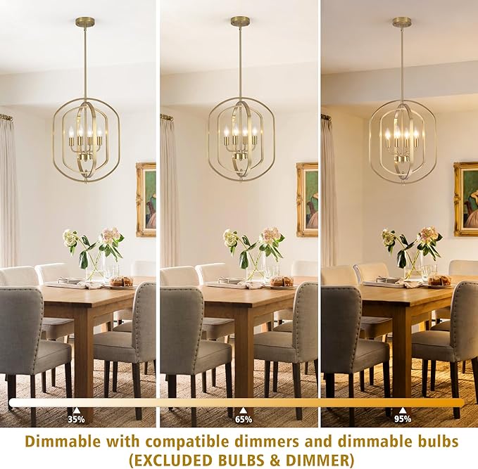 LASENCHOO 4 Lights Gold Chandelier for Dining Room Light Fixture, Modern Farmhouse Chandeliers for Entryway Foyer Lighting Fixtures, Metal Geometric Lantern Pendant Light Kitchen Island with E12 Base